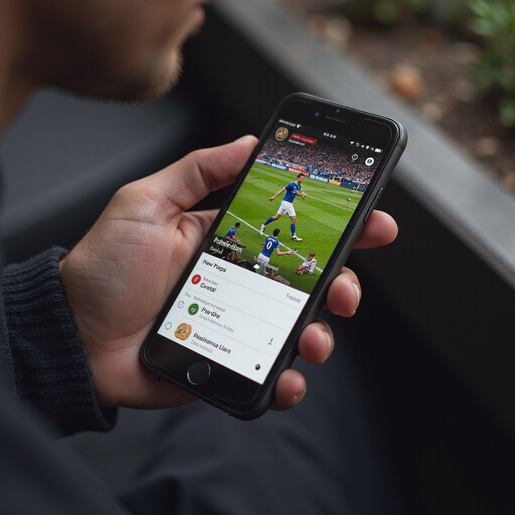 Kişi telefondan futbol maçı izliyor; yeşil saha, mavi forma.