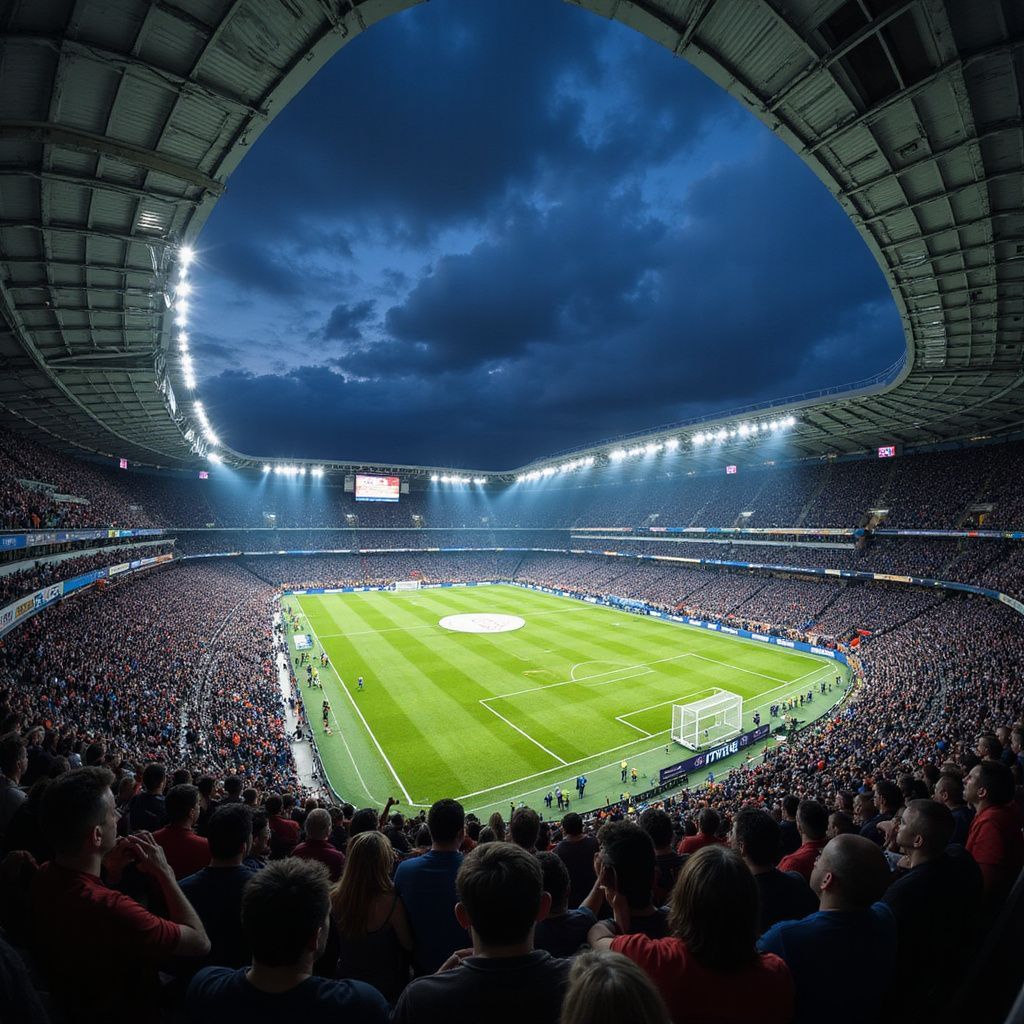 Seyircilerle dolu bir stadyum, karanlık ve bulutlu bir gökyüzünün altında bir futbol maçını izliyor.