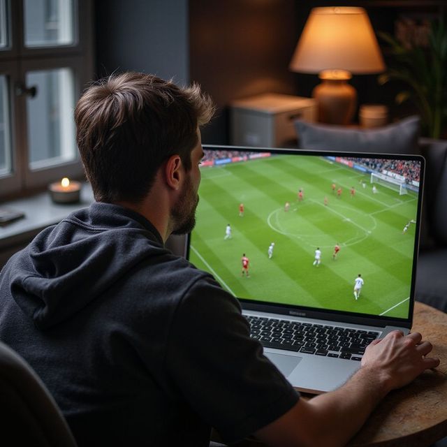 Adam içeride dizüstü bilgisayarından futbol maçı izliyor. Kapüşonlu bir kazak giymiş, elinde mumla pencere kenarında oturuyor.