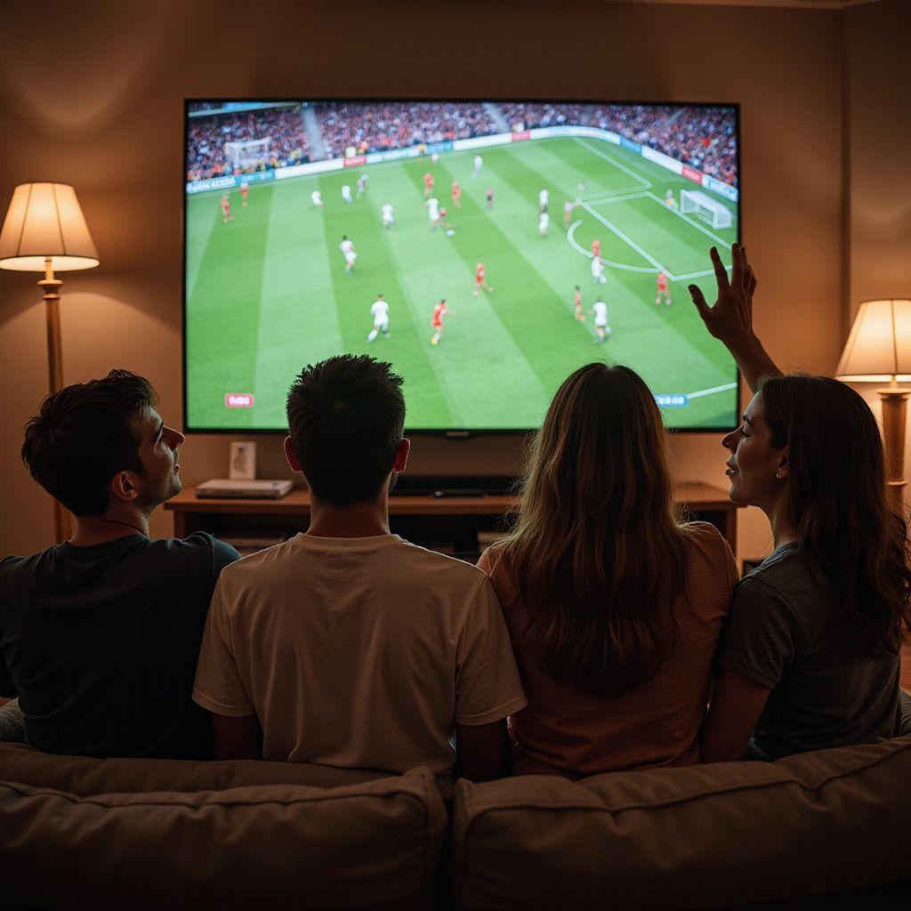 Dört kişi büyük bir televizyonda futbol maçı izliyor. Sağdaki kişi heyecanla kolunu kaldırmış; loş oturma odası.