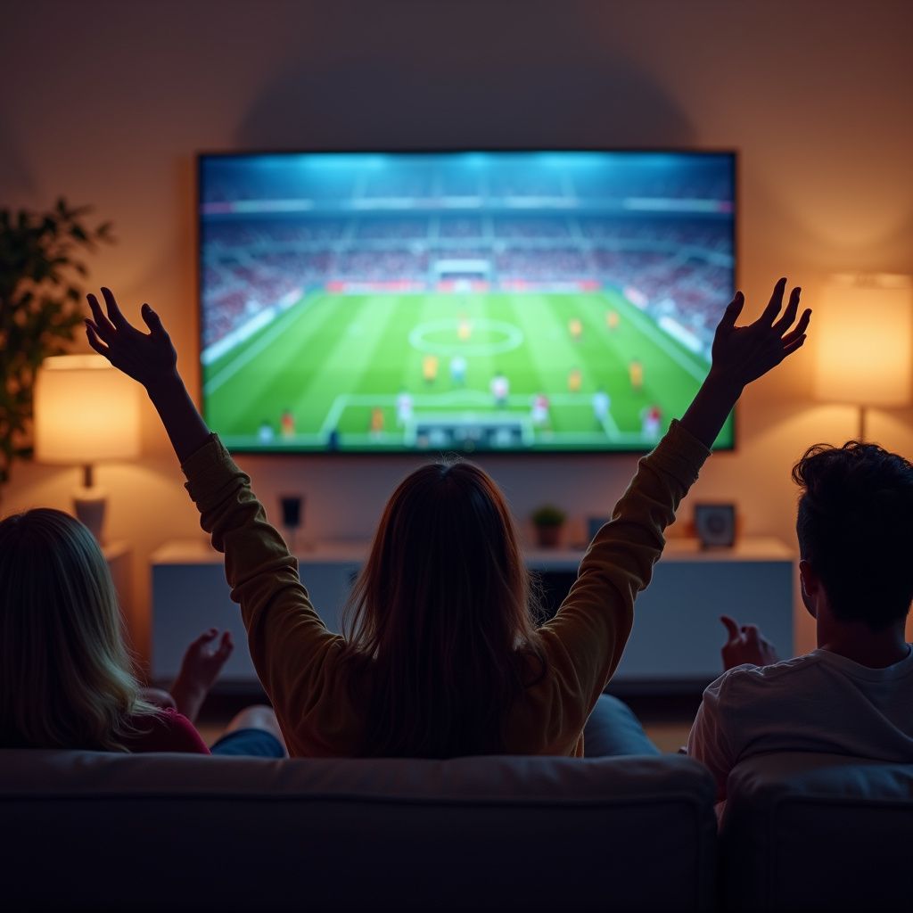 Rahat bir oturma odasında, biri heyecanla kollarını kaldırmış, televizyonda futbol maçı izleyen insanlar.