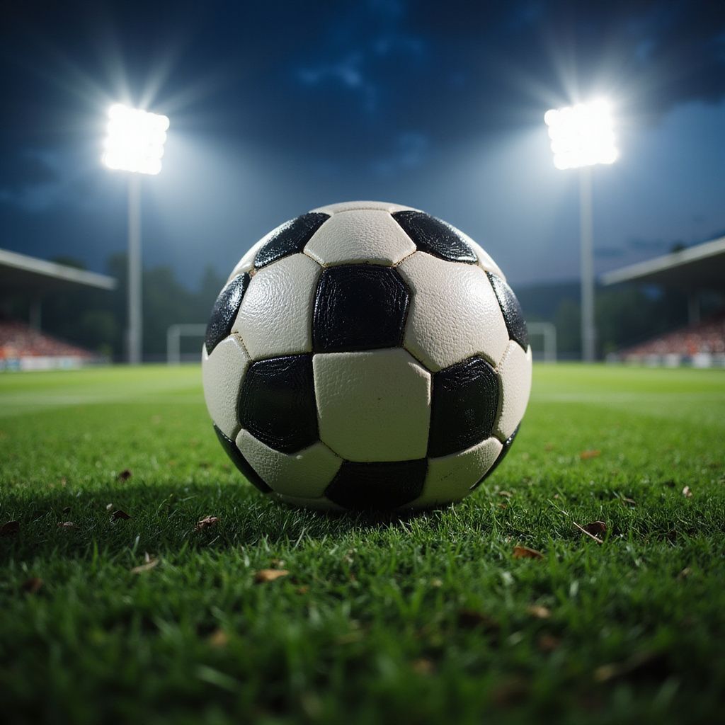 Yeşil bir sahada futbol topu, tepede stadyum ışıkları, akşam manzarası.