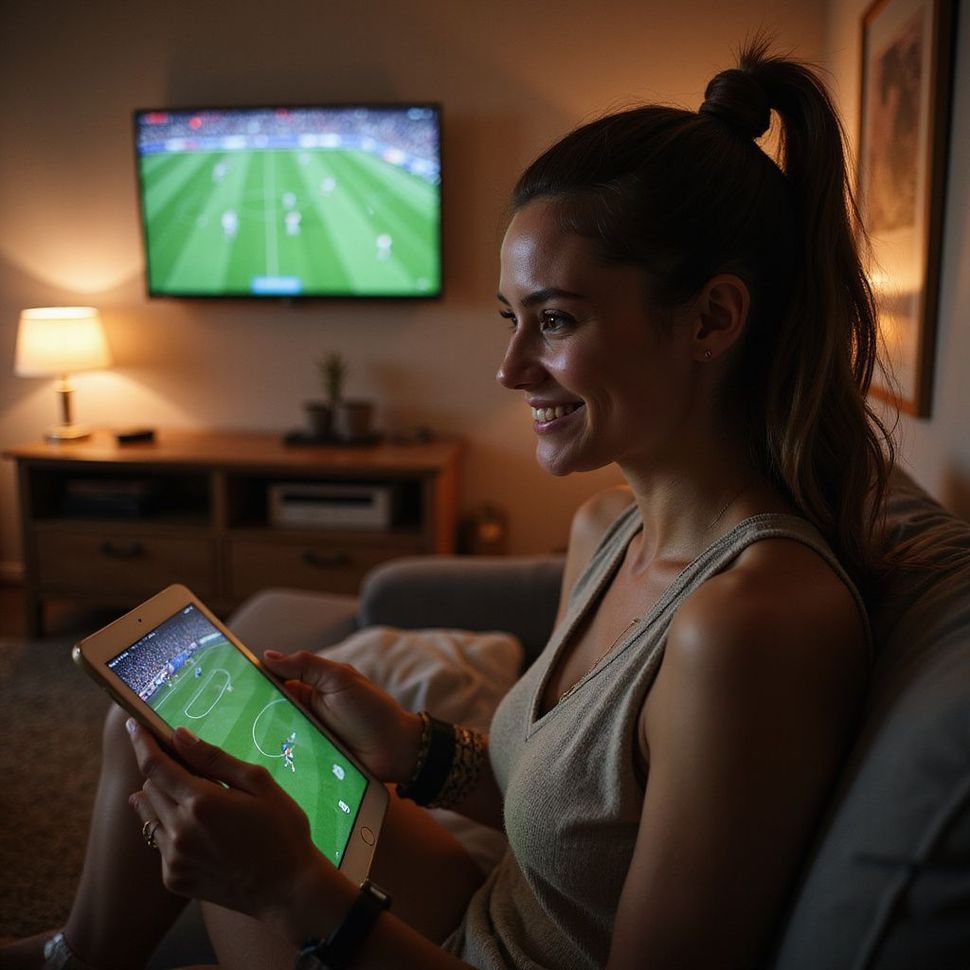 Kadın, loş bir oturma odasındaki kanepede oturmuş, tablet ve televizyondan futbol izliyor ve gülümsüyor.