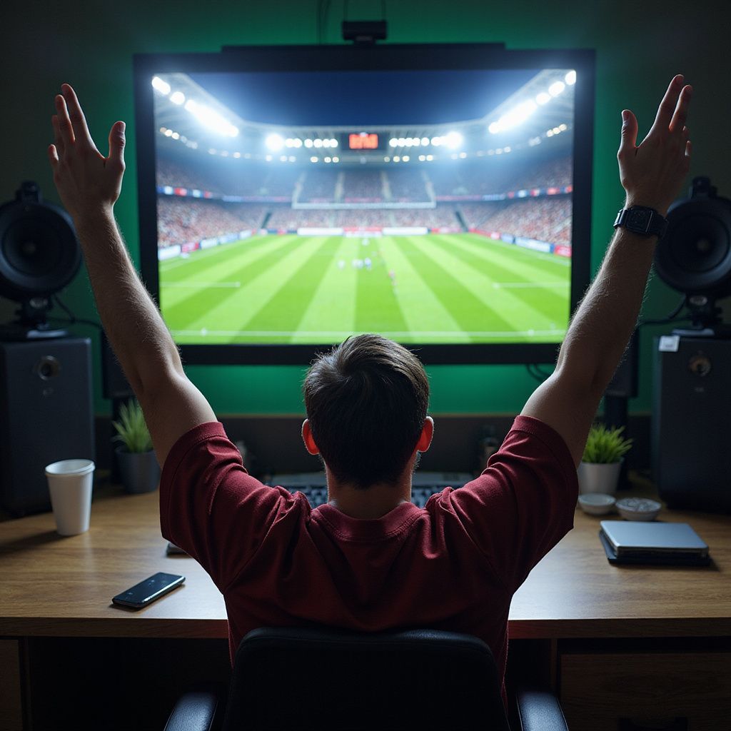 Futbol maçını gösteren büyük bir ekranın önünde kollarını heyecanla kaldırmış bir adam kutlama yapıyor.