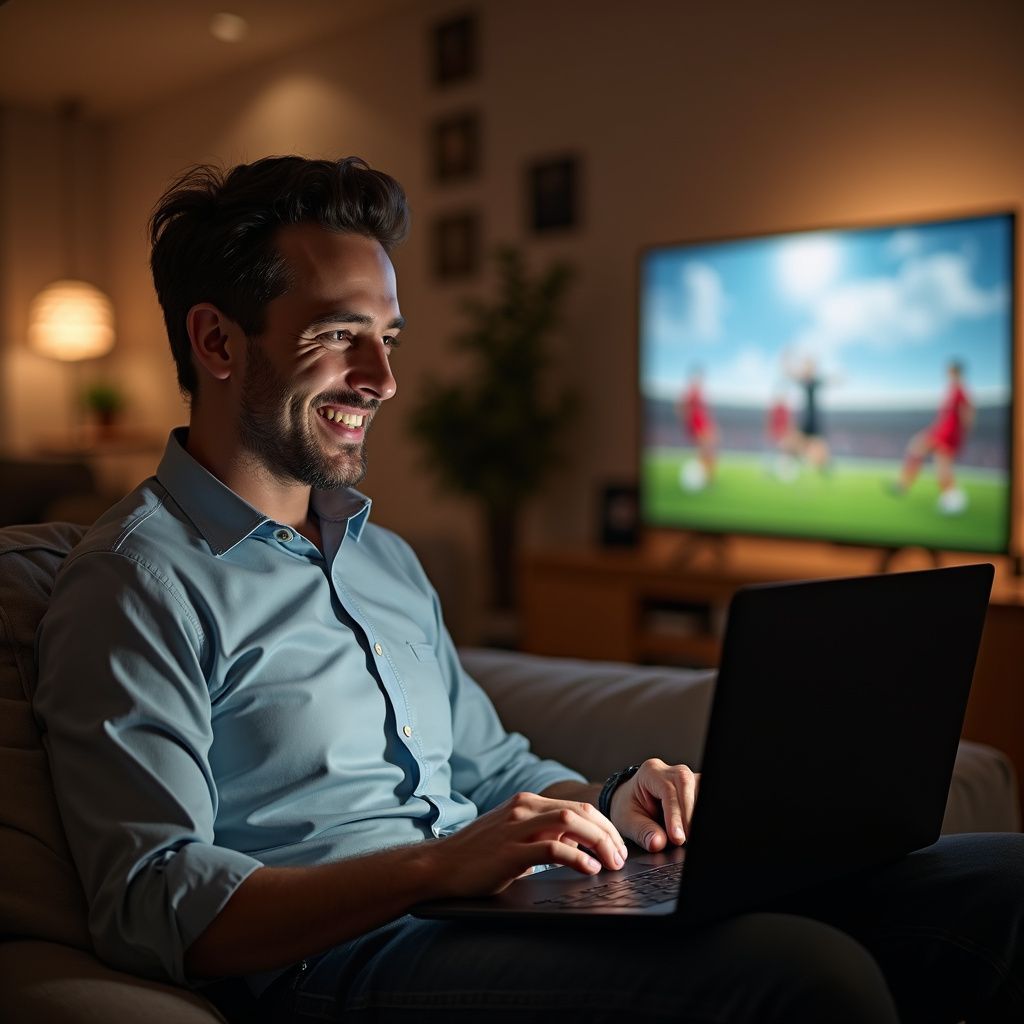 Adam kanepede dizüstü bilgisayarını kullanırken gülümsüyor; televizyonda futbol maçı gösteriliyor.