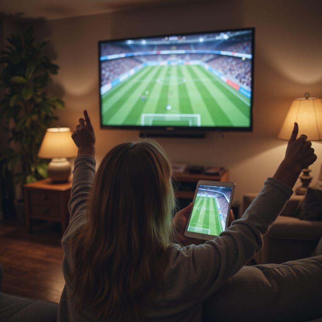 Loş ışıklı oturma odasında televizyon ve tabletten futbol izleyen, kollarını havaya kaldırmış tezahürat eden kadın.