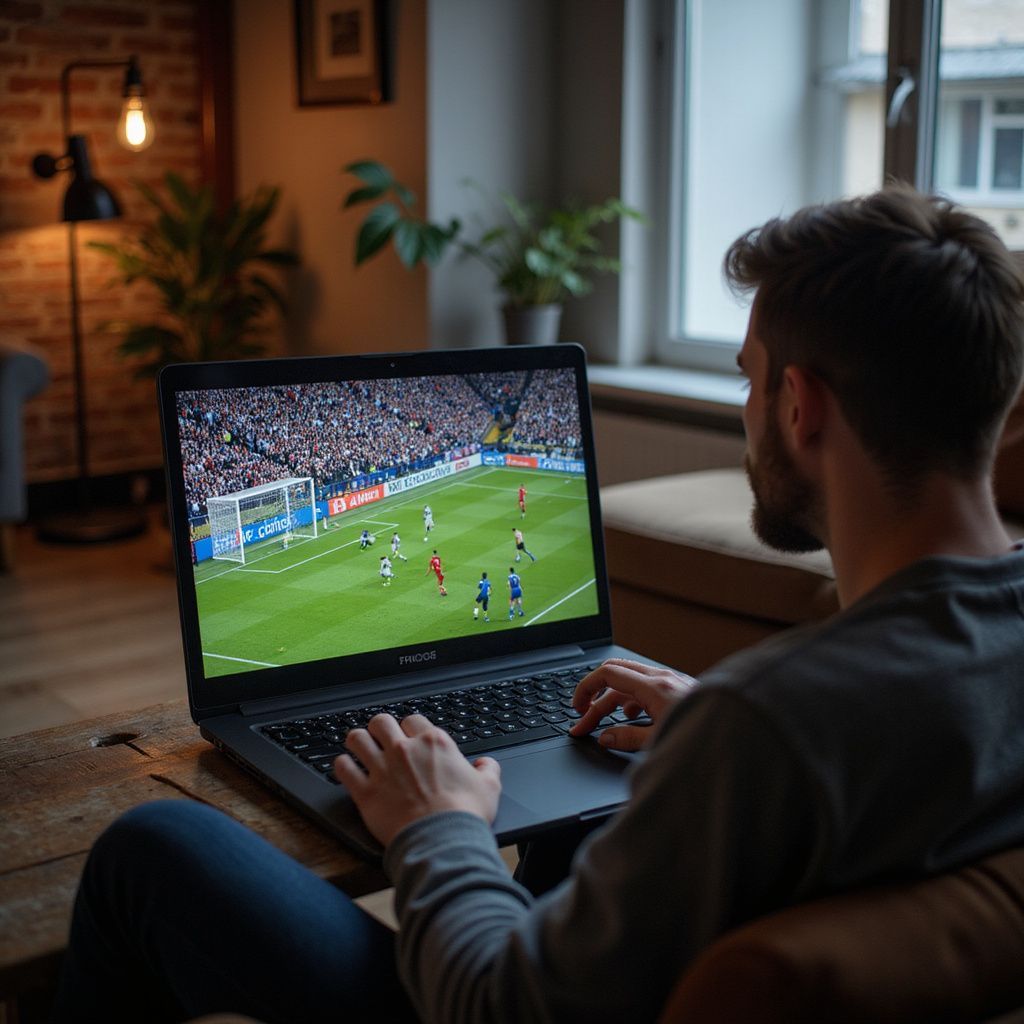 Oturma odasında dizüstü bilgisayarından futbol maçı izleyen adam.