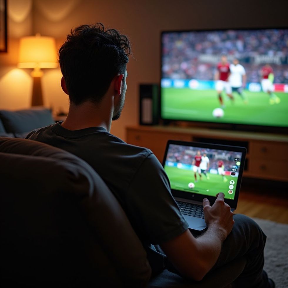 Adam oturma odasındaki kanepede televizyon ve dizüstü bilgisayardan futbol maçı izliyor.
