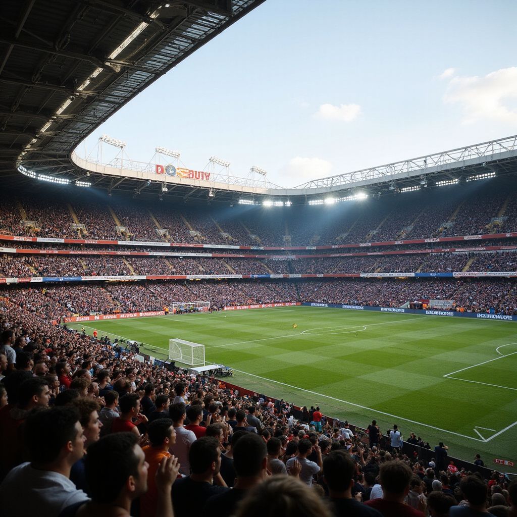 Yeşil bir sahada, mavi gökyüzünün altında maç izleyen taraftarlarla dolu bir futbol stadyumu.