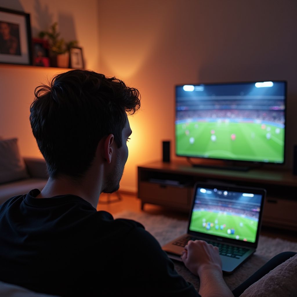Oturma odasında hem televizyondan hem de dizüstü bilgisayardan futbol maçı izleyen adam.