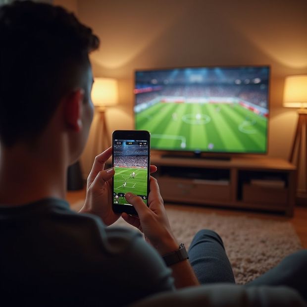 Televizyondan ve telefondan futbol izleyen kişi.