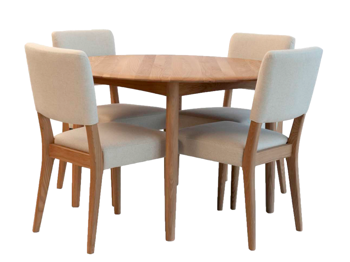 A wooden dining table with four chairs on a white background