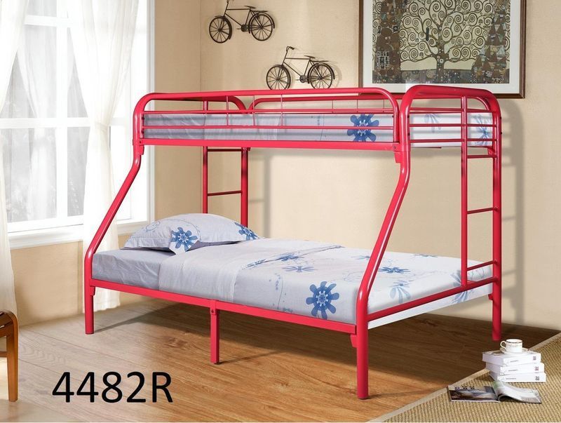 A red bunk bed is in a room with a picture of a bicycle on the wall.