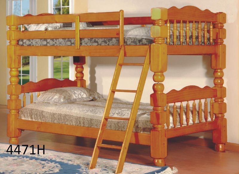 A wooden bunk bed with a ladder attached to it