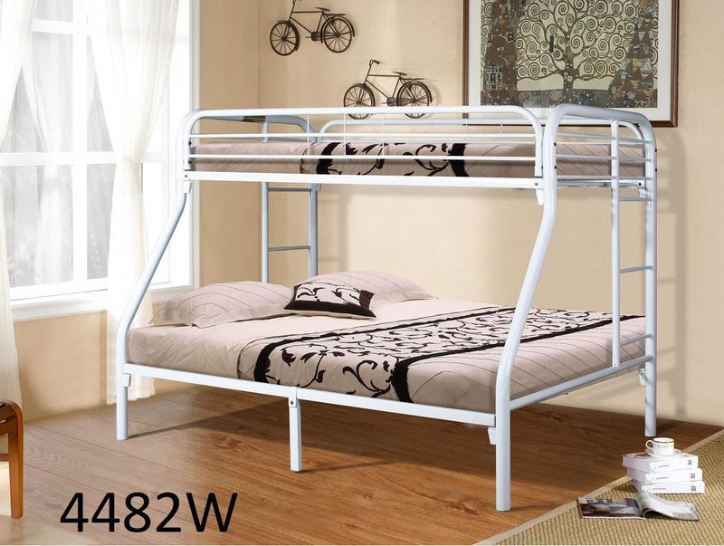 A white bunk bed is in a room with a picture of a bicycle on the wall.