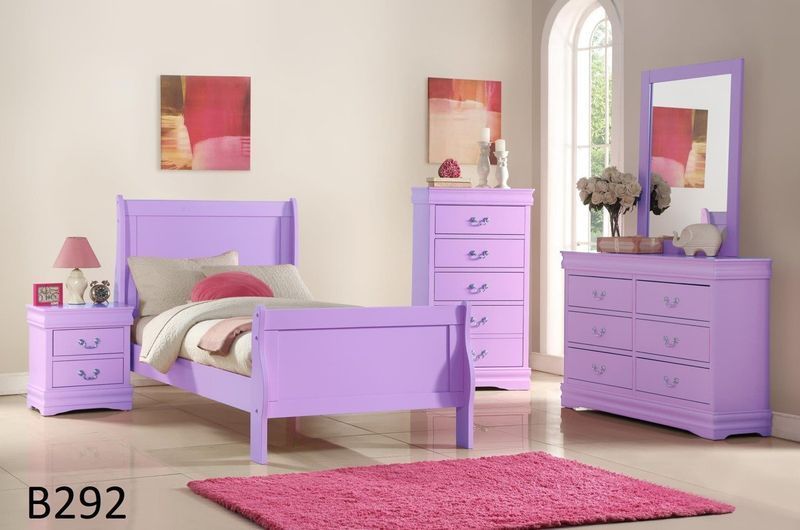 A bedroom with purple furniture including a bed nightstand dresser and mirror