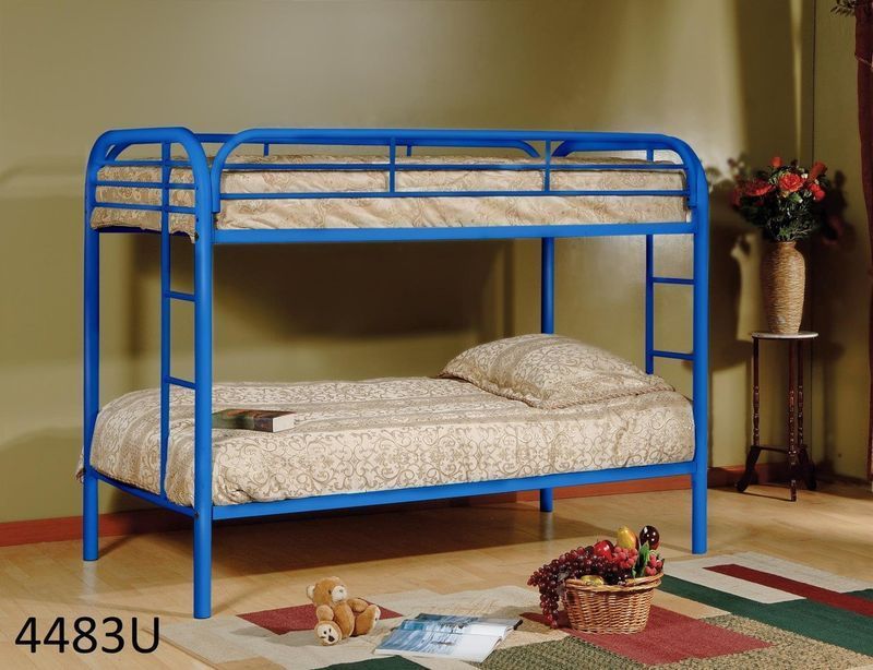 A blue bunk bed with the number 4483u on the bottom