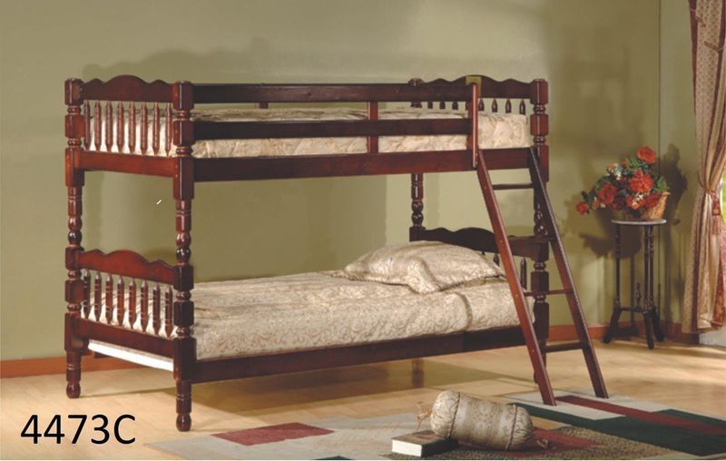 A wooden bunk bed with a ladder in a bedroom