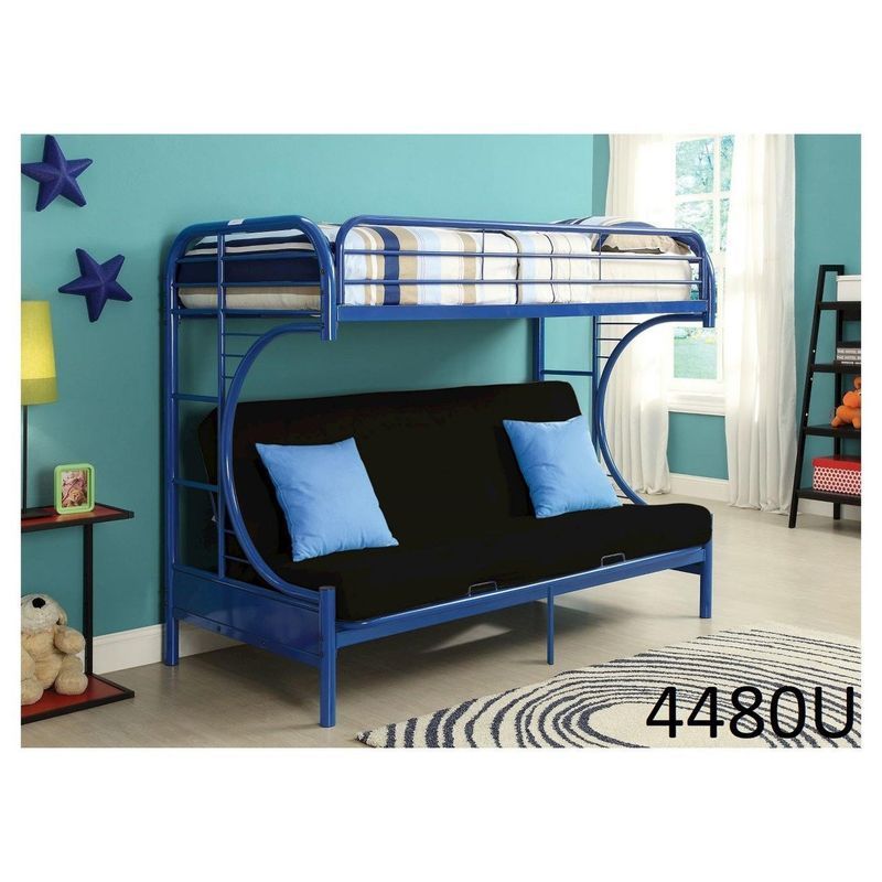 A blue bunk bed with a futon underneath it
