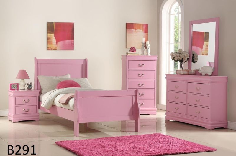 A bedroom with a pink bed dresser and nightstand