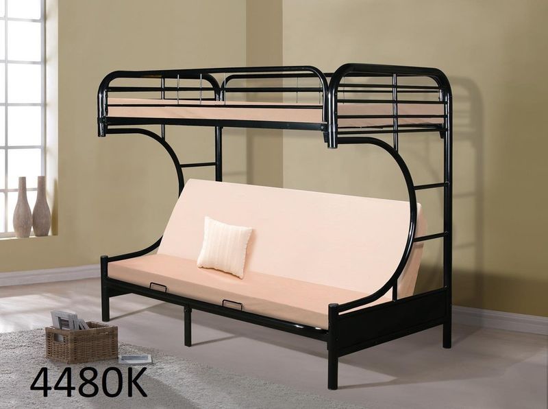 A bunk bed with a futon underneath it