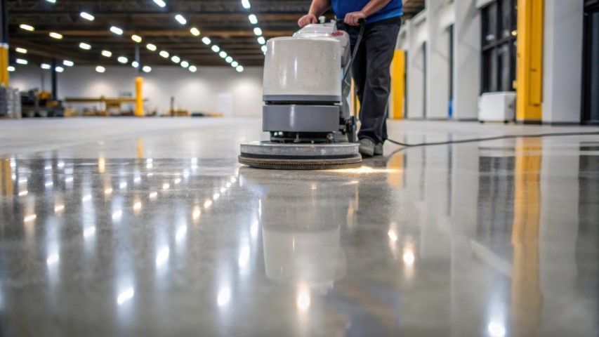 A man is cleaning the floor of a warehouse with a machine.