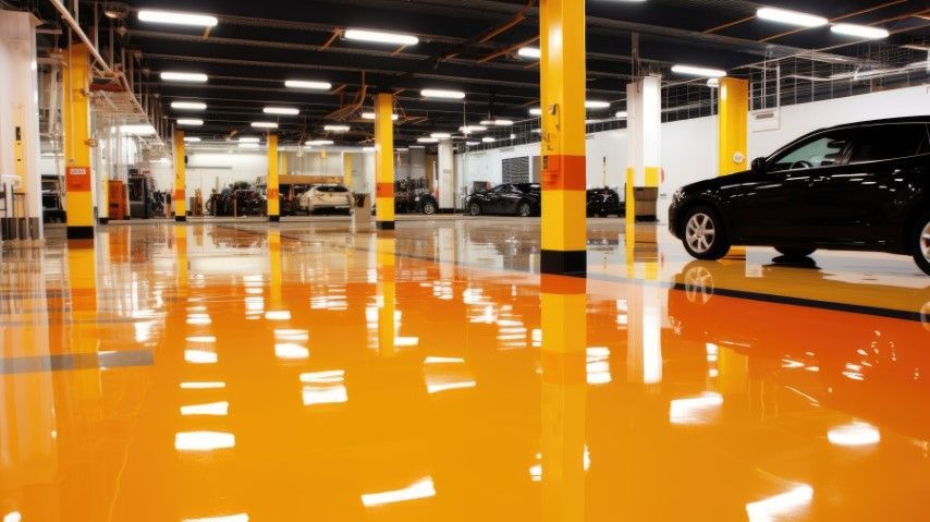 A car is parked in a parking garage with orange floors.