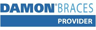 the damon braces provider logo is blue and white .