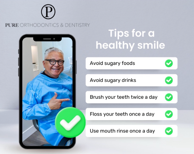 a phone with a picture of a man on it and a list of tips for a healthy smile .