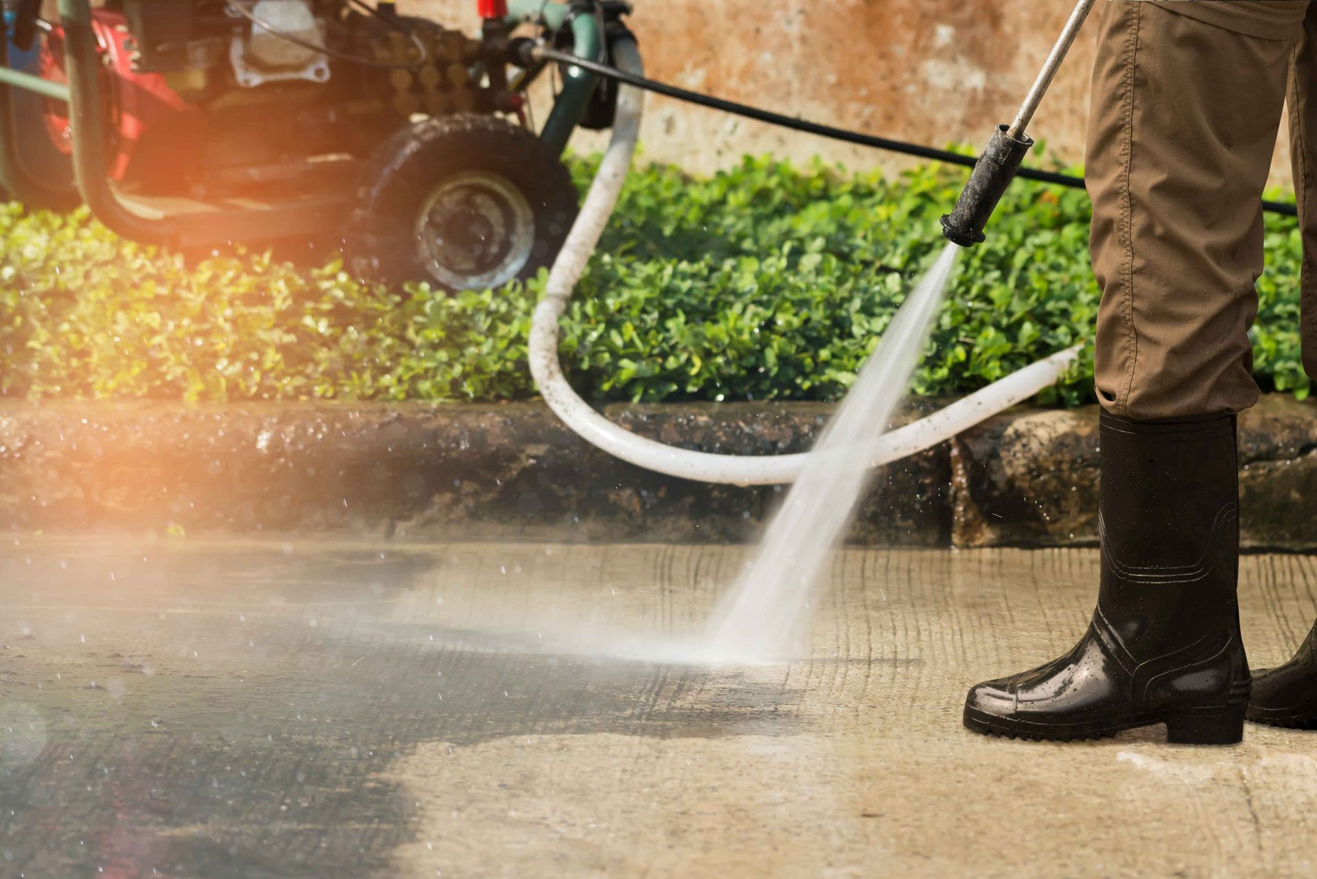 Person washing a sidewalk with a pressure washer near potted greenery and a black boot.