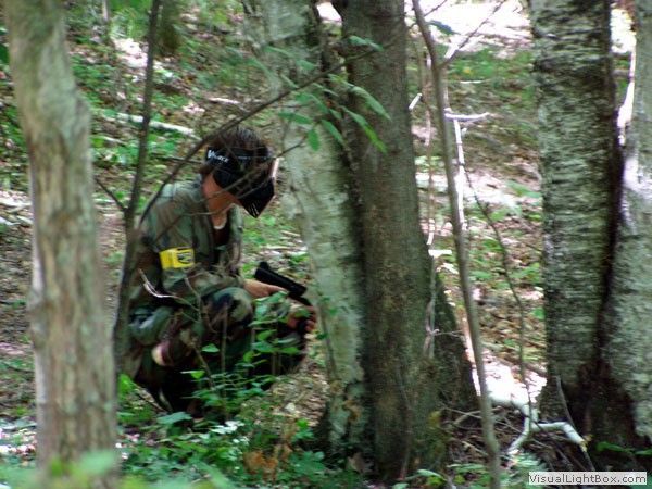 Soldier crouching in a forest, camouflaged among trees and foliage.