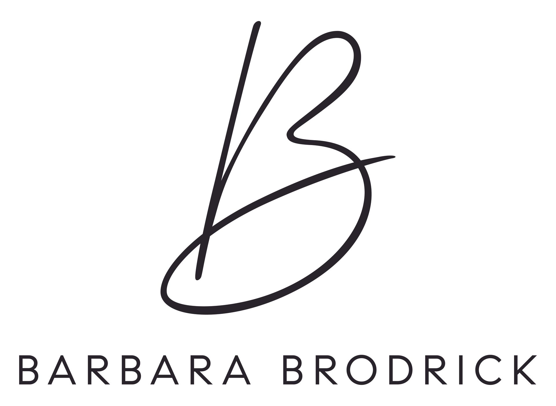 The logo for barbara brodrick is a black and white logo with a signature.
