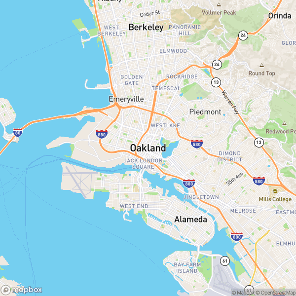 A map showing a city called oakland and surrounding areas