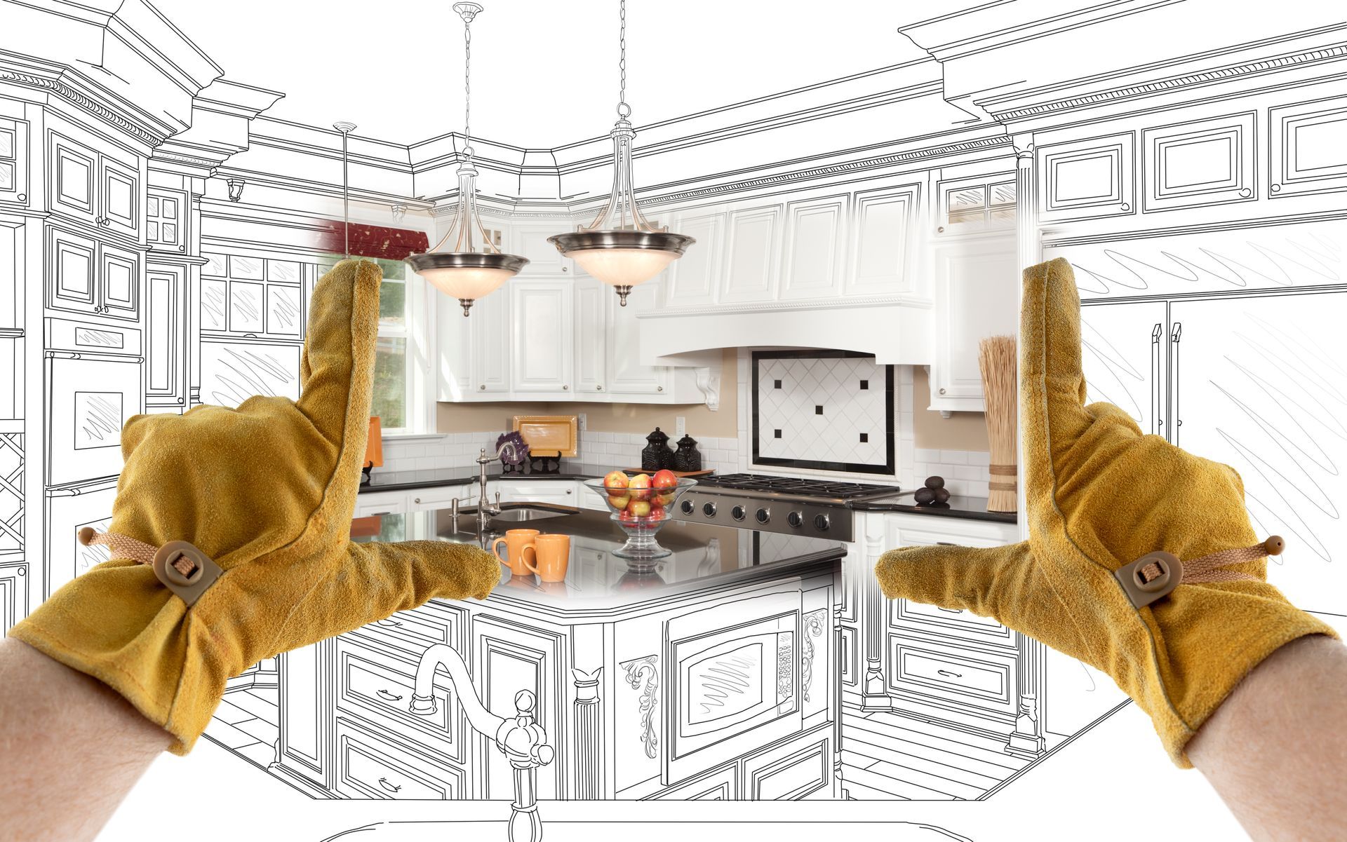 hands wearing yellow work gloves framing a partially rendered kitchen design, blending a real.