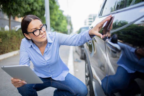 Insurance agent inspects the damage on the car.