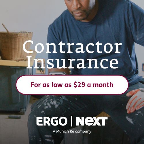 A contractor in work clothes looks at a device, with text promoting insurance.