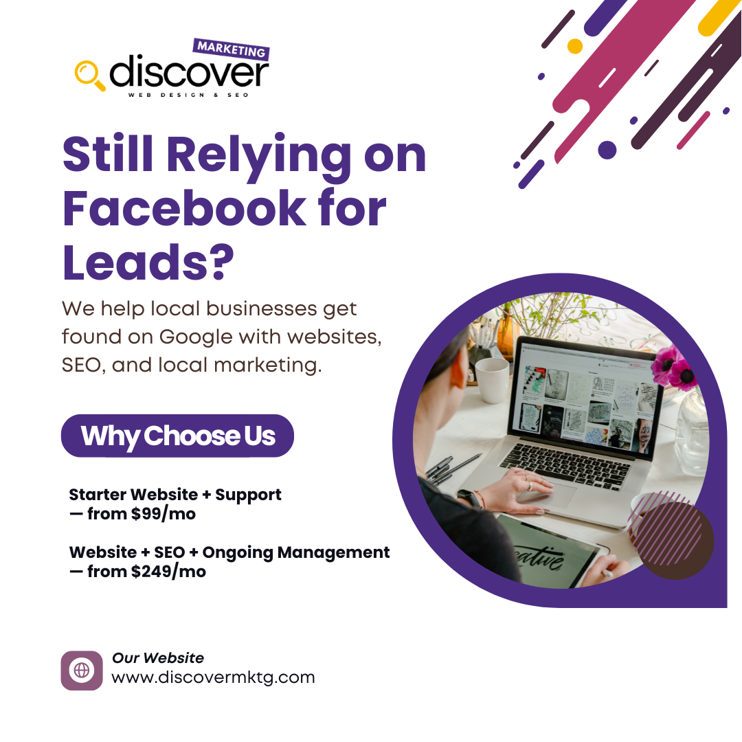 Digital marketing advertisement for Discover Marketing, promoting website and SEO services for local businesses.