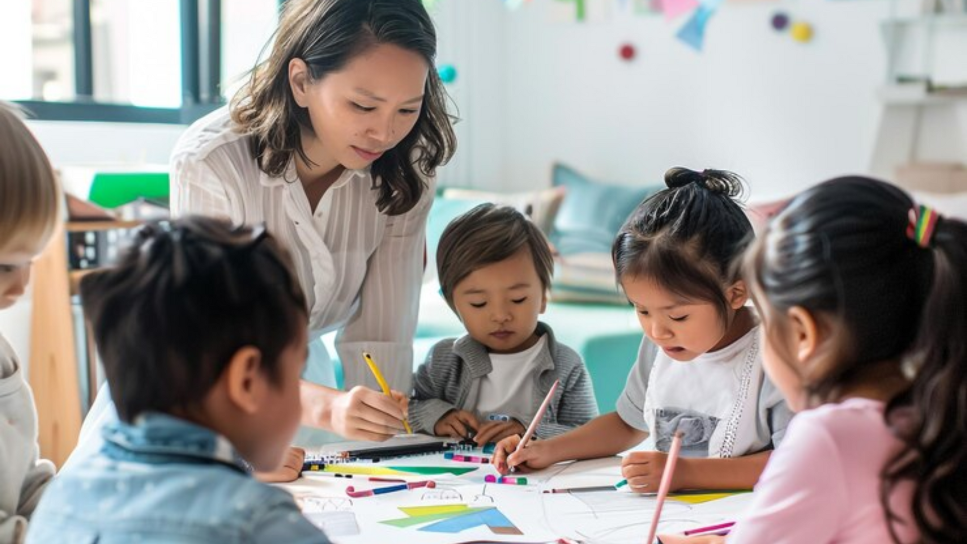 A group of children are sitting around a table with their teacher.