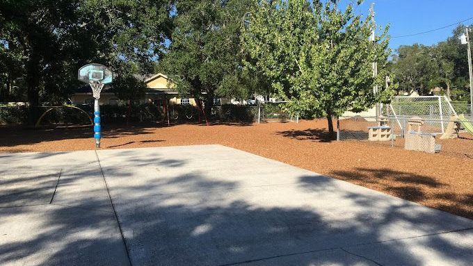 A basketball court in a park with trees in the background.