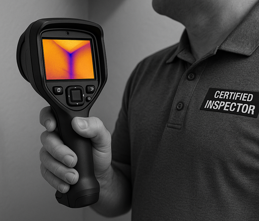 Man using thermal camera, showing a warm area in orange and purple.