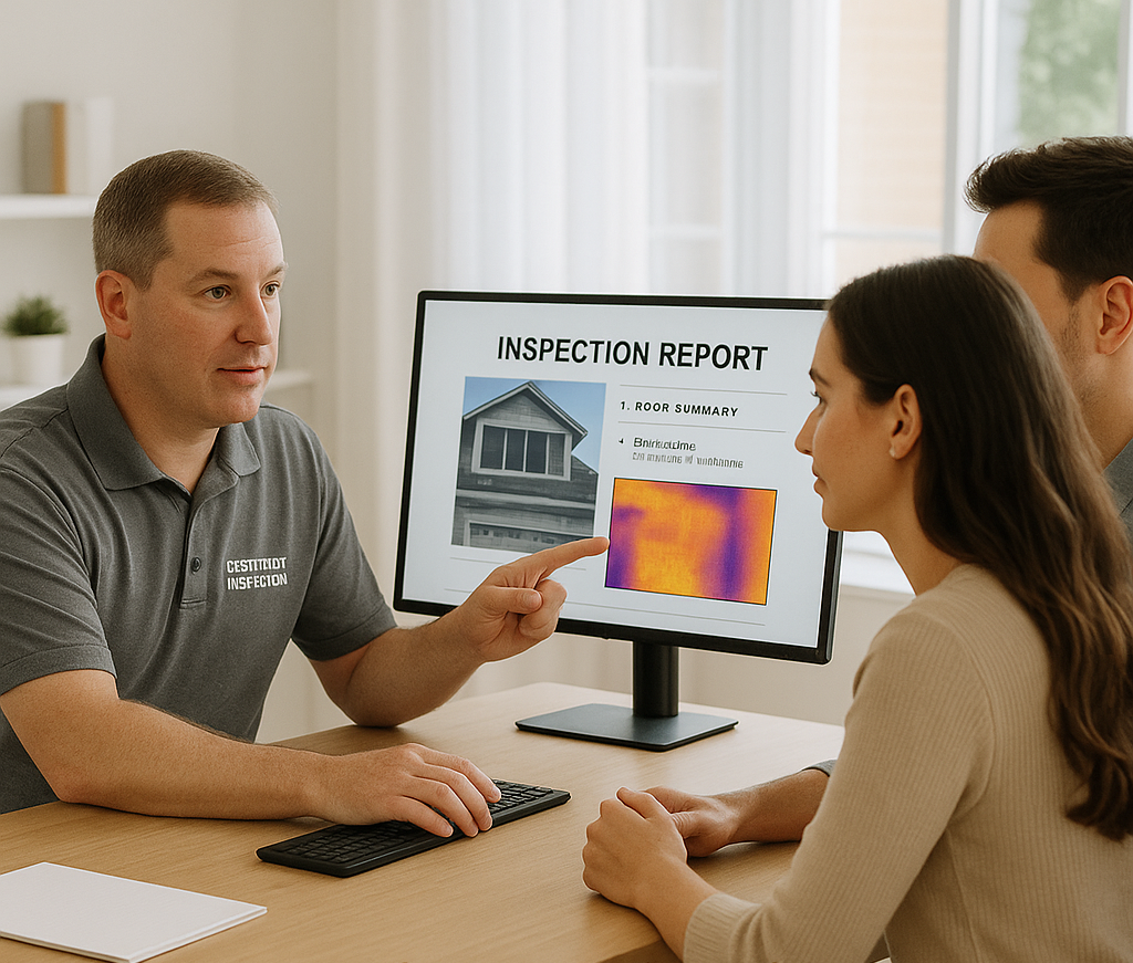 A home inspector points at a screen displaying an inspection report to a couple indoors.