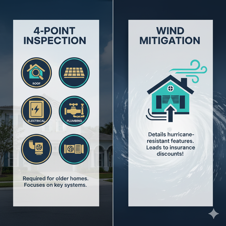 Infographic: 4-point home inspection with key system icons. Wind mitigation details with hurricane features, leads to insurance discounts.