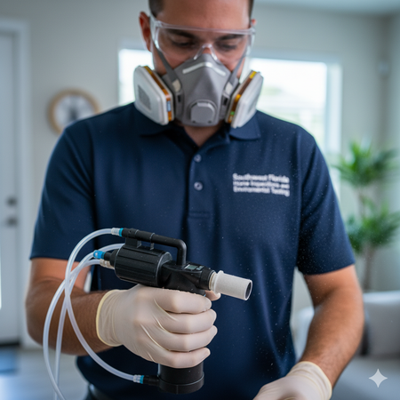 Man in protective gear holding a spray gun, likely for sanitizing, indoors.