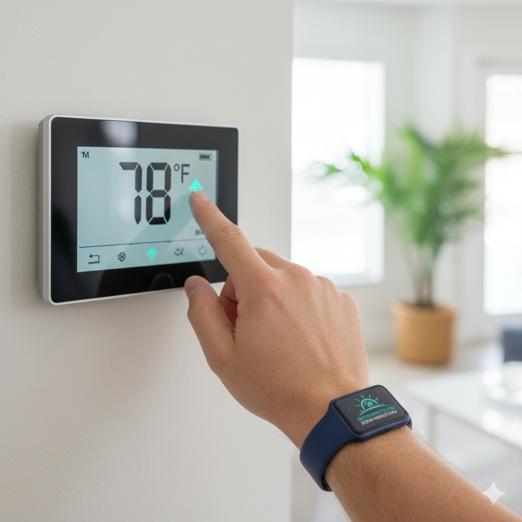 Hand adjusting a digital thermostat set to 78°F. A smart watch is on the wrist.