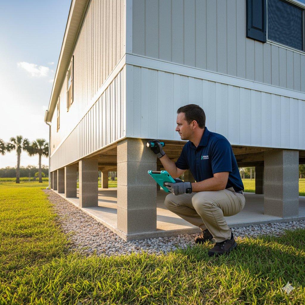 Man in uniform inspecting a house foundation with a flashlight and tablet. Outdoors in daylight.