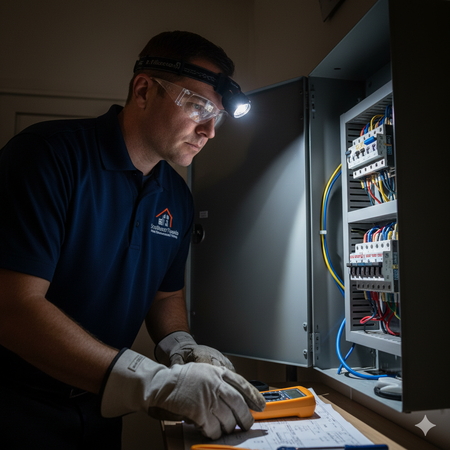 Electrician in a dark setting, wearing a headlamp and safety glasses, working on an electrical panel.