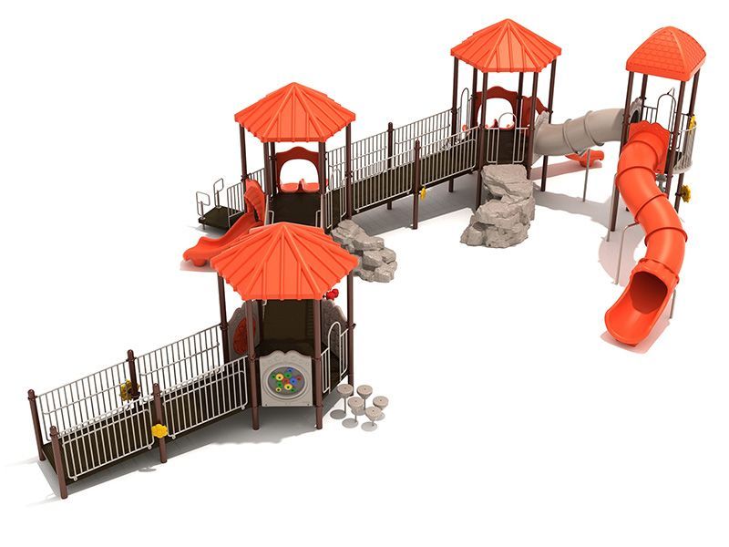 Playground with orange roofs, slides, bridges, and rock-climbing features on a white background.