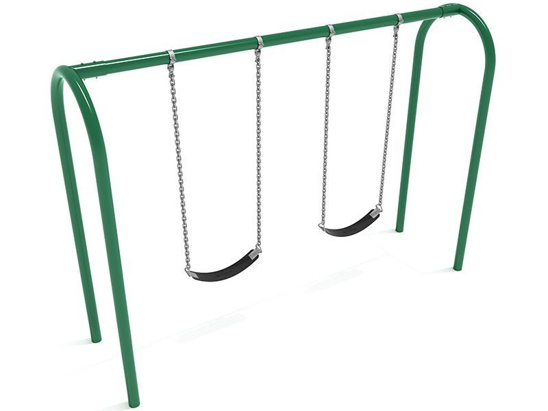 Green swing set with two black seats suspended by chains.