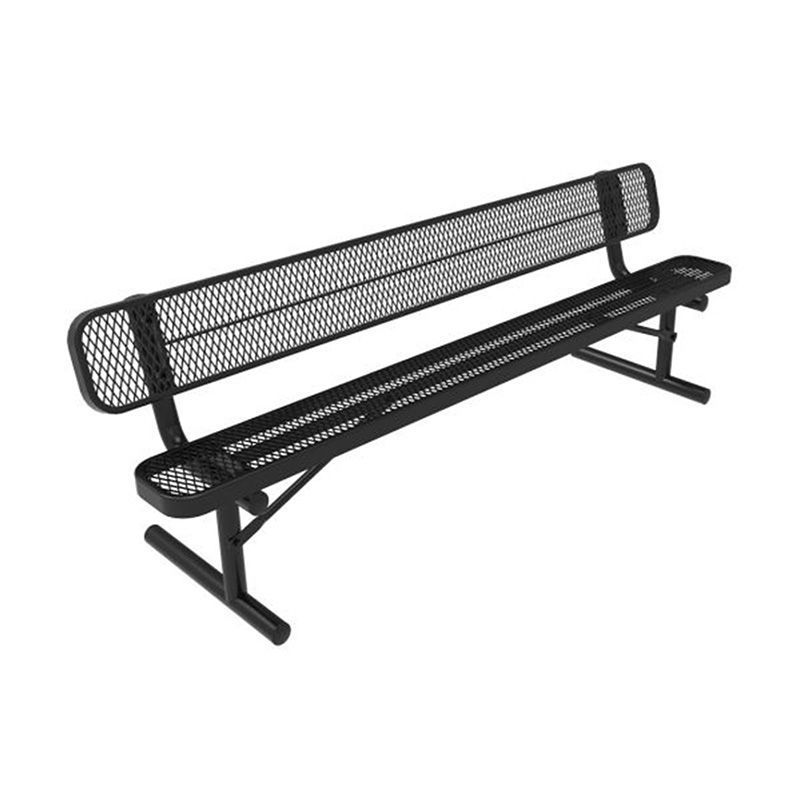 Black metal park bench with mesh seat and back, angled on a white background.