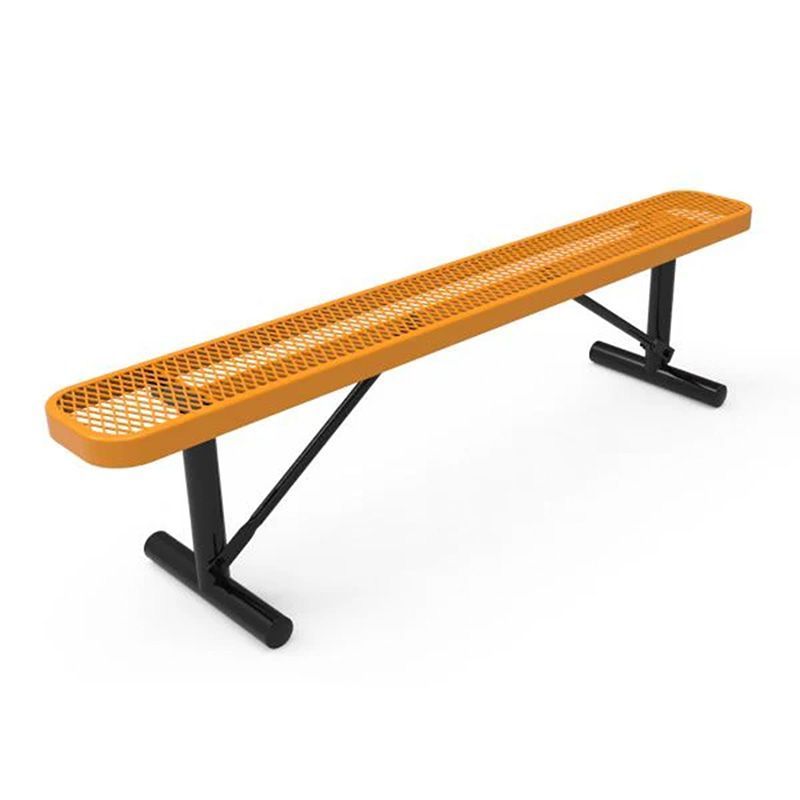 Orange metal park bench with black legs on white background.